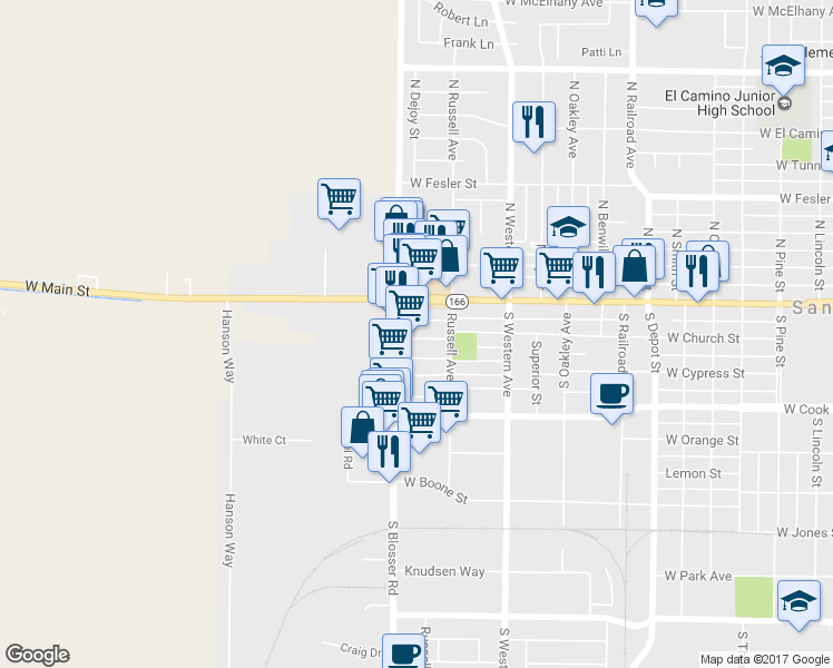 map of restaurants, bars, coffee shops, grocery stores, and more near 1129 West Church Street in Santa Maria