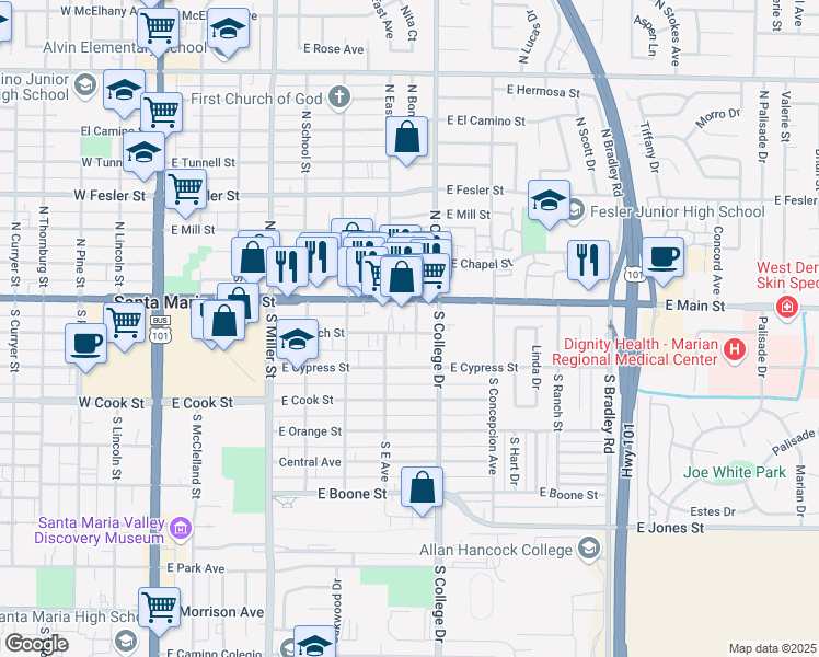 map of restaurants, bars, coffee shops, grocery stores, and more near 215 South Bonita Street in Santa Maria