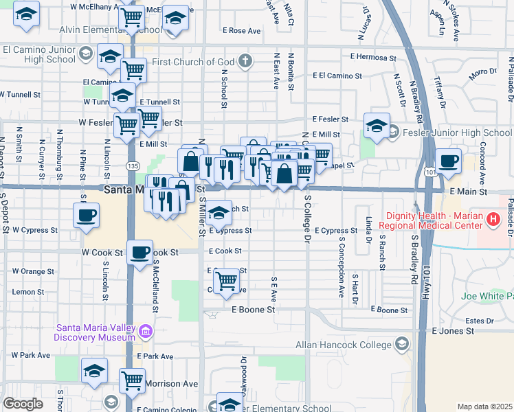 map of restaurants, bars, coffee shops, grocery stores, and more near 616 East Church Street in Santa Maria