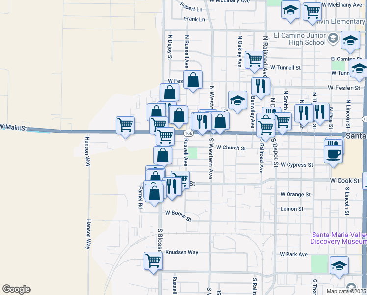 map of restaurants, bars, coffee shops, grocery stores, and more near 211 South Russell Avenue in Santa Maria