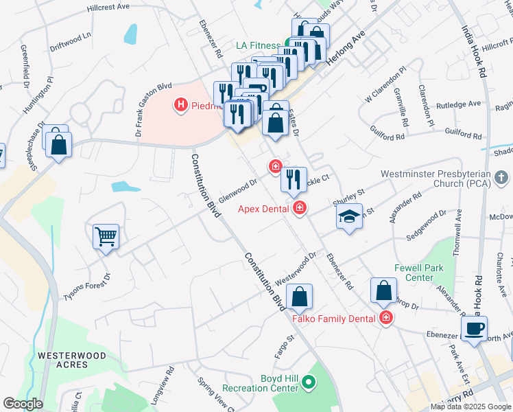 map of restaurants, bars, coffee shops, grocery stores, and more near 1562 Constitution Boulevard in Rock Hill