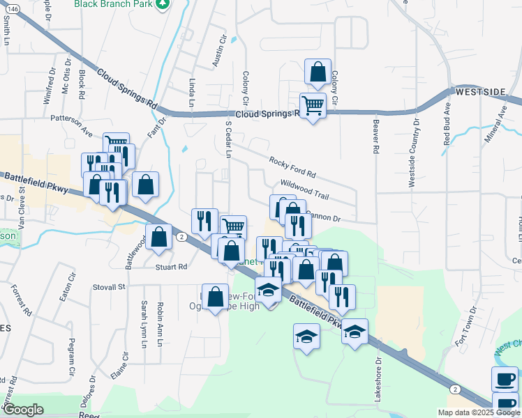 map of restaurants, bars, coffee shops, grocery stores, and more near 2200 South Cedar Lane in Fort Oglethorpe