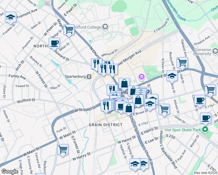 map of restaurants, bars, coffee shops, grocery stores, and more near 201 Magnolia Street in Spartanburg