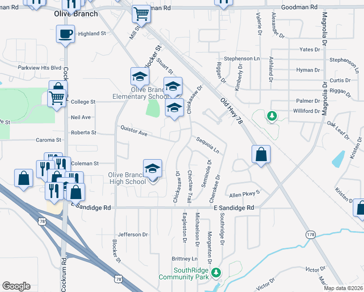 map of restaurants, bars, coffee shops, grocery stores, and more near 6295 Chickasaw Drive in Olive Branch