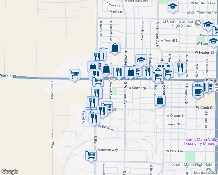 map of restaurants, bars, coffee shops, grocery stores, and more near 123 South Russell Avenue in Santa Maria