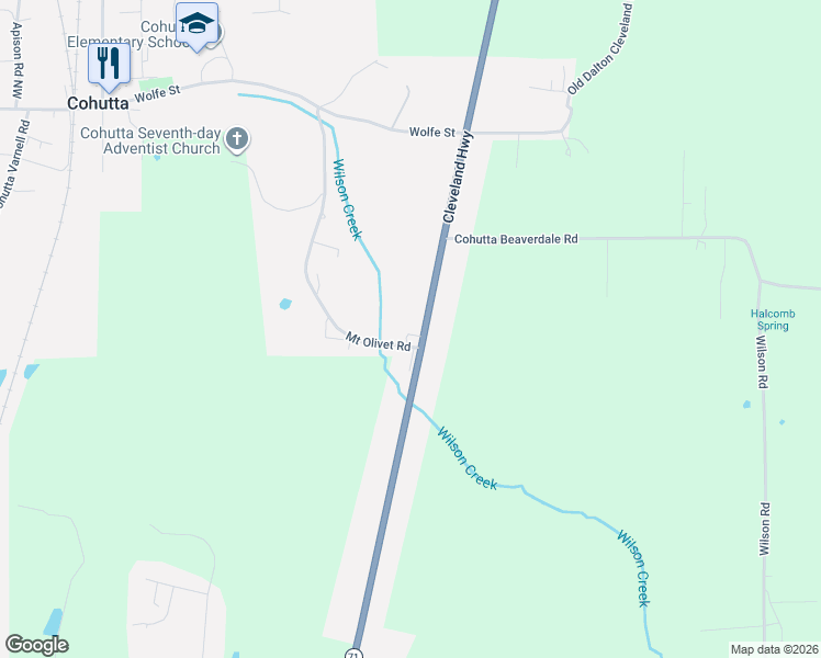 map of restaurants, bars, coffee shops, grocery stores, and more near 4989 Cleveland Highway in Cohutta