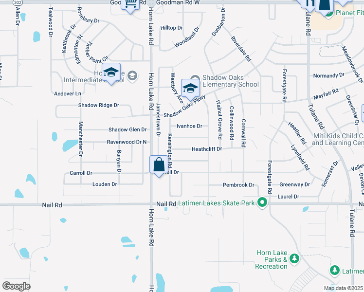 map of restaurants, bars, coffee shops, grocery stores, and more near 3880 Warrington Drive in Horn Lake
