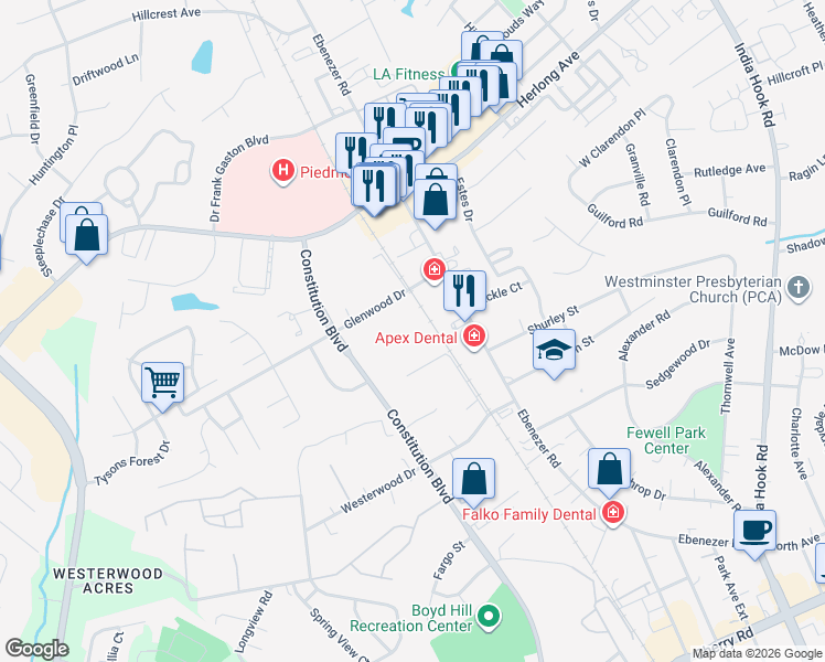 map of restaurants, bars, coffee shops, grocery stores, and more near 1565 Ebenezer Road in Rock Hill