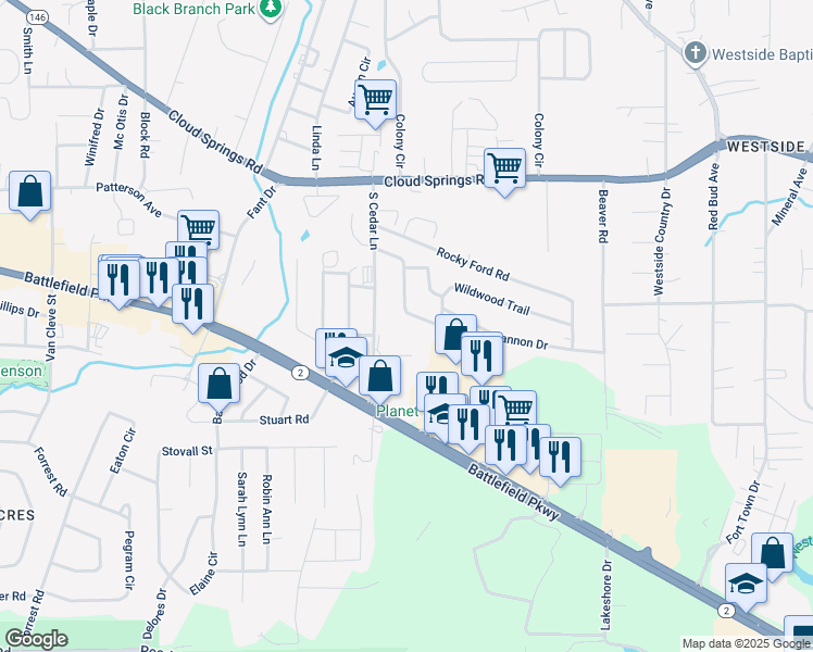 map of restaurants, bars, coffee shops, grocery stores, and more near 1300 Park Forrest Drive in Fort Oglethorpe