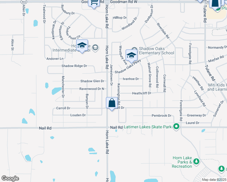 map of restaurants, bars, coffee shops, grocery stores, and more near 6310 Jamestown Drive in Horn Lake