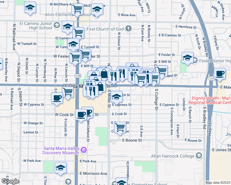 map of restaurants, bars, coffee shops, grocery stores, and more near 419 East Church Street in Santa Maria