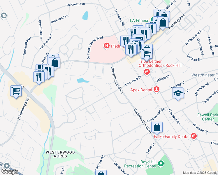 map of restaurants, bars, coffee shops, grocery stores, and more near 1611 Constitution Boulevard in Rock Hill