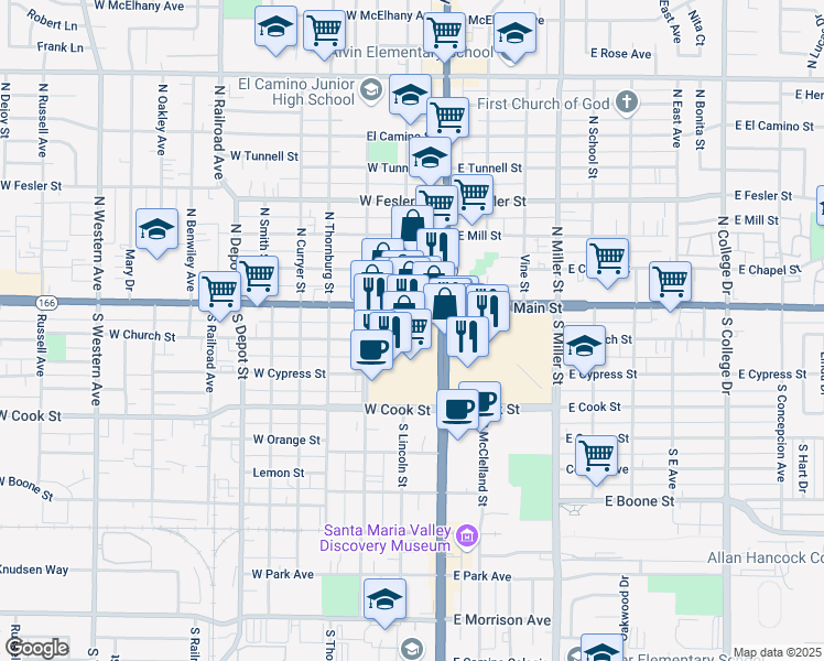 map of restaurants, bars, coffee shops, grocery stores, and more near 112 California 166 in Santa Maria