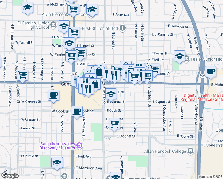 map of restaurants, bars, coffee shops, grocery stores, and more near 423 East Church Street in Santa Maria
