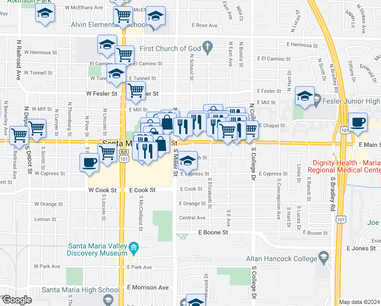 map of restaurants, bars, coffee shops, grocery stores, and more near 431 East Church Street in Santa Maria