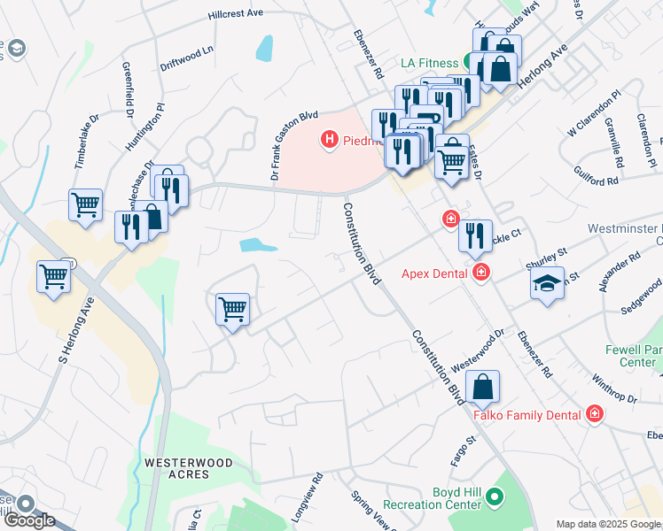 map of restaurants, bars, coffee shops, grocery stores, and more near 1641 Constitution Boulevard in Rock Hill