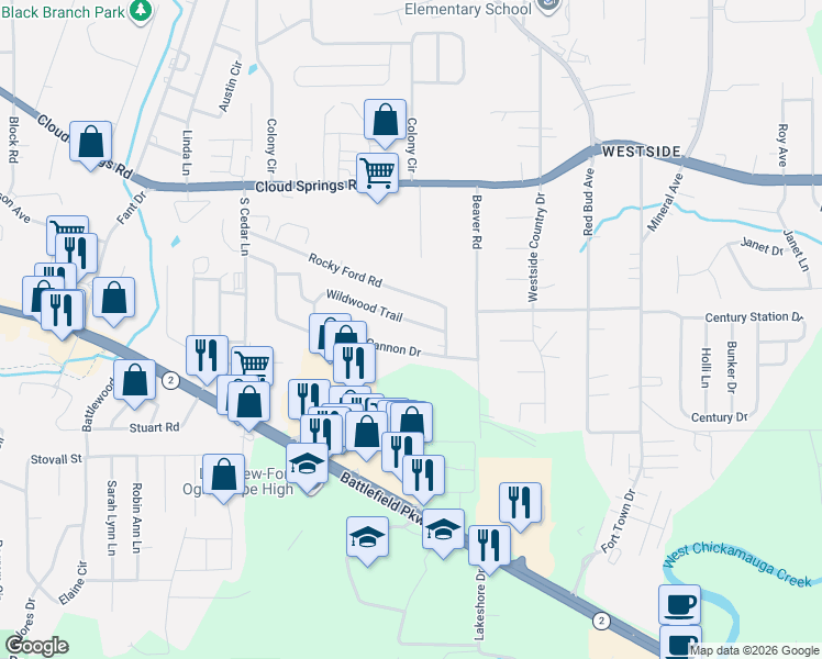 map of restaurants, bars, coffee shops, grocery stores, and more near 1614 Wildwood Trail in Fort Oglethorpe