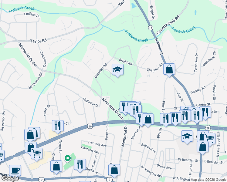 map of restaurants, bars, coffee shops, grocery stores, and more near 301 Chandler Road in Greer
