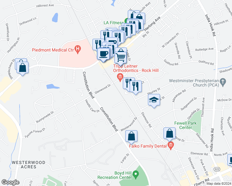 map of restaurants, bars, coffee shops, grocery stores, and more near 139 Glenwood Drive in Rock Hill