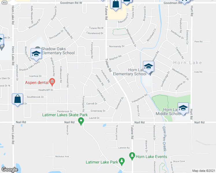 map of restaurants, bars, coffee shops, grocery stores, and more near 3220 Fairmeadow Drive in Horn Lake