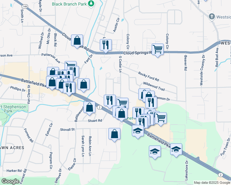 map of restaurants, bars, coffee shops, grocery stores, and more near 136 Stuart Road in Fort Oglethorpe