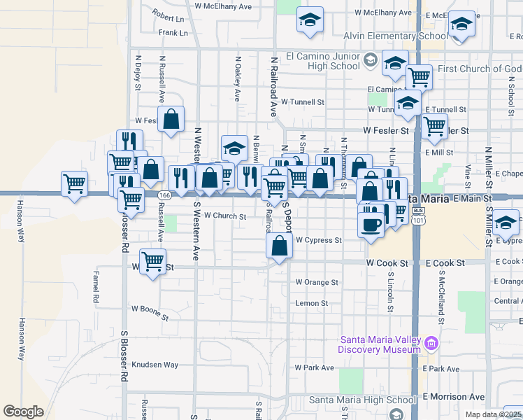 map of restaurants, bars, coffee shops, grocery stores, and more near 800 West Main Street in Santa Maria