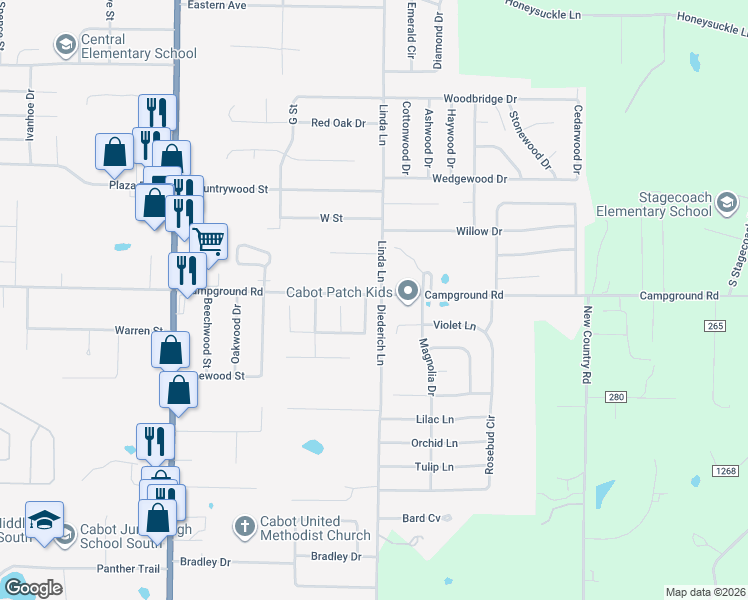 map of restaurants, bars, coffee shops, grocery stores, and more near 1201 Linda Lane in Cabot