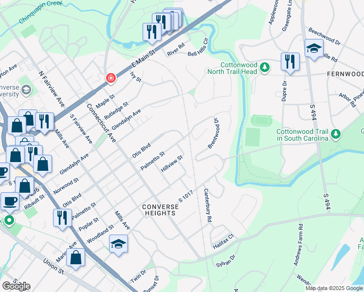 map of restaurants, bars, coffee shops, grocery stores, and more near 899 Brentwood Drive in Spartanburg