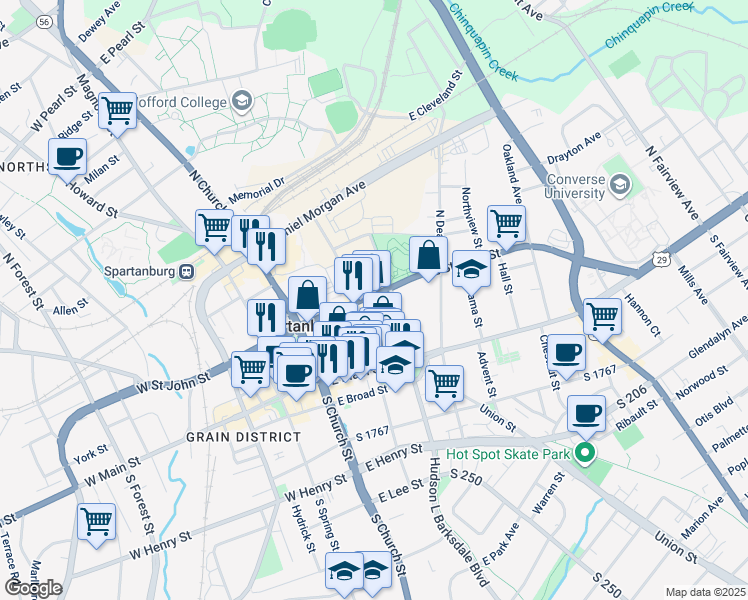 map of restaurants, bars, coffee shops, grocery stores, and more near 180-198 E St John St in Spartanburg