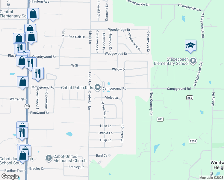 map of restaurants, bars, coffee shops, grocery stores, and more near 1420 Campground Road in Cabot