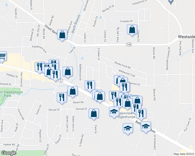 map of restaurants, bars, coffee shops, grocery stores, and more near 296 South Cedar Lane in Fort Oglethorpe