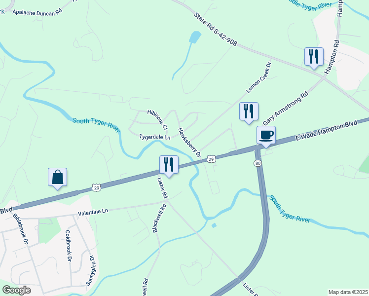 map of restaurants, bars, coffee shops, grocery stores, and more near 245 Hawksberry Drive in Lyman