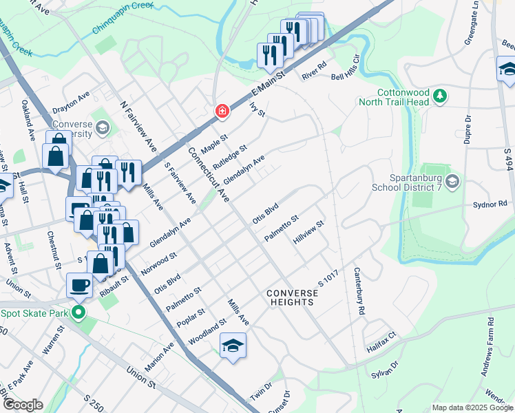 map of restaurants, bars, coffee shops, grocery stores, and more near 716 Otis Boulevard in Spartanburg