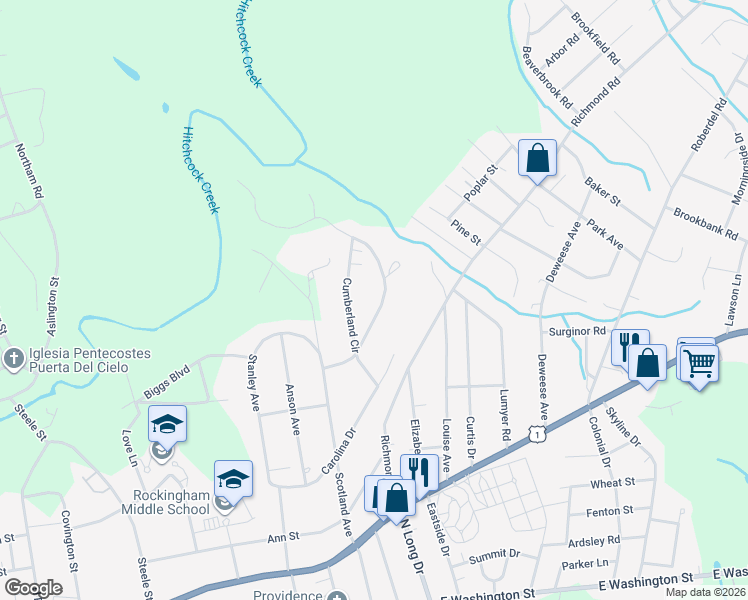 map of restaurants, bars, coffee shops, grocery stores, and more near 1438 Cumberland Circle in Rockingham