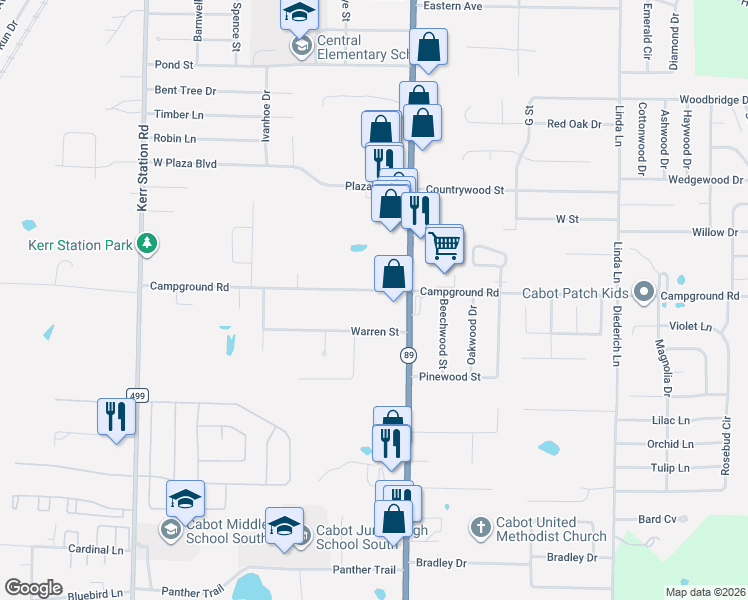 map of restaurants, bars, coffee shops, grocery stores, and more near 709 Campground Road in Cabot