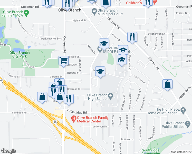 map of restaurants, bars, coffee shops, grocery stores, and more near 9296 McClendon Circle North in Olive Branch