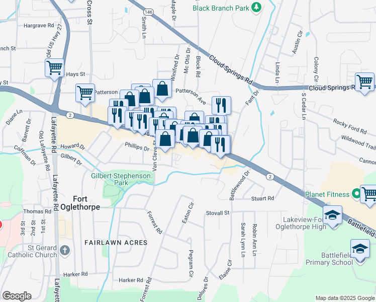 map of restaurants, bars, coffee shops, grocery stores, and more near 1014 Battlefield Parkway in Fort Oglethorpe