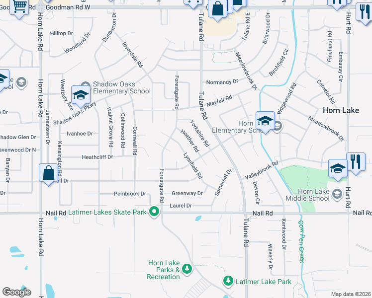 map of restaurants, bars, coffee shops, grocery stores, and more near 6455 Heather Road in Horn Lake