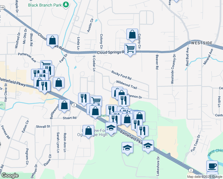 map of restaurants, bars, coffee shops, grocery stores, and more near 1300 Park Forrest Drive in Fort Oglethorpe