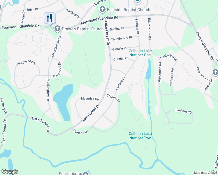 map of restaurants, bars, coffee shops, grocery stores, and more near 313 Lake Forest Drive in Spartanburg