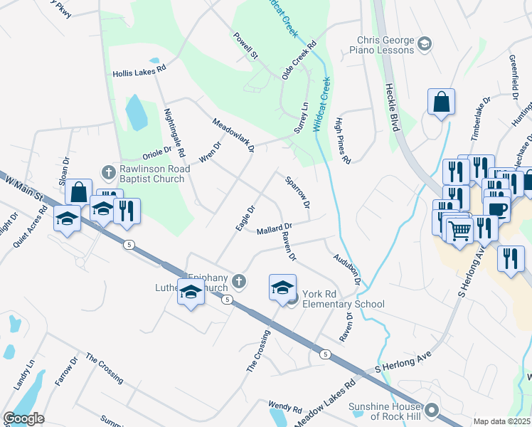 map of restaurants, bars, coffee shops, grocery stores, and more near 1068 Mallard Drive in Rock Hill