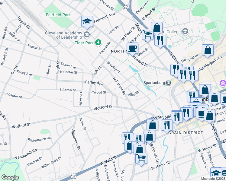map of restaurants, bars, coffee shops, grocery stores, and more near 398 College Street in Spartanburg