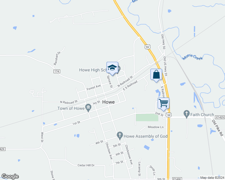 map of restaurants, bars, coffee shops, grocery stores, and more near North Railroad Street in Howe