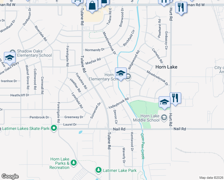 map of restaurants, bars, coffee shops, grocery stores, and more near 6350 Greenbriar Drive in Horn Lake