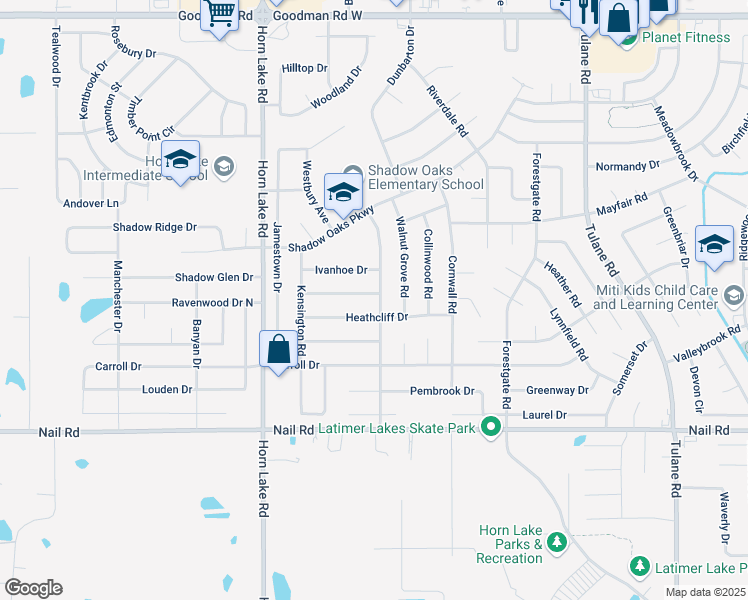 map of restaurants, bars, coffee shops, grocery stores, and more near 6295 Sandhurst Road in Horn Lake