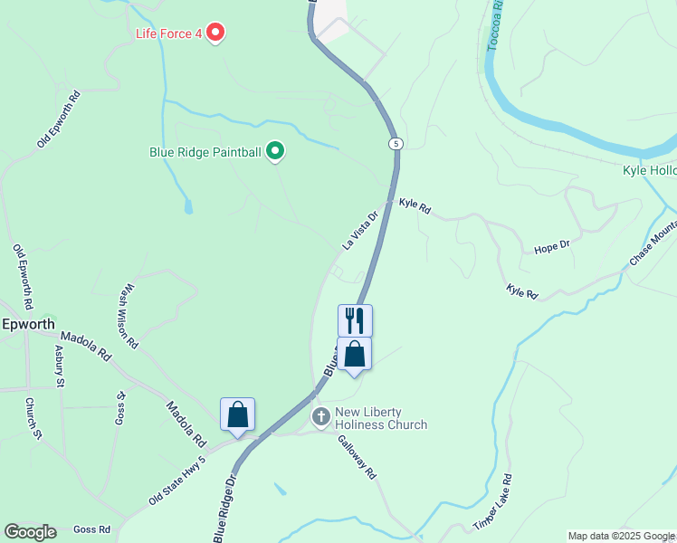 map of restaurants, bars, coffee shops, grocery stores, and more near 245 La Vista Drive in Blue Ridge