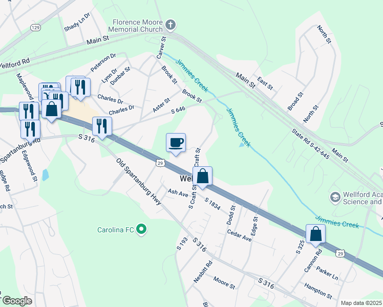 map of restaurants, bars, coffee shops, grocery stores, and more near 246 North Craft Street in Wellford