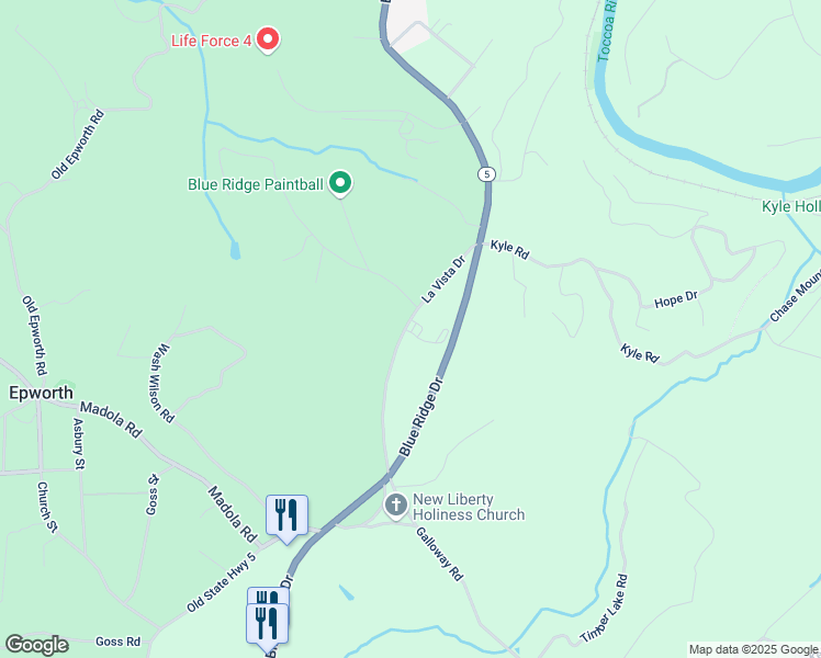map of restaurants, bars, coffee shops, grocery stores, and more near 245 La Vista Drive in Blue Ridge