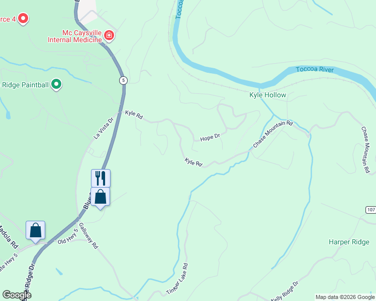 map of restaurants, bars, coffee shops, grocery stores, and more near 1-99 Shalom Lane in Blue Ridge