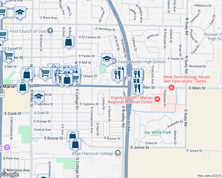 map of restaurants, bars, coffee shops, grocery stores, and more near 1004 East Main Street in Santa Maria